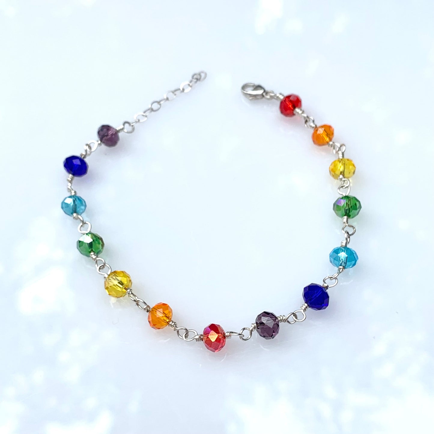 Chakra Bracelet in Sterling Silver | Handmade Glass Bead Energy Jewelry | Custom Fit with Extension