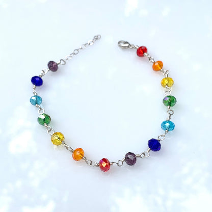 Chakra Bracelet in Sterling Silver | Handmade Glass Bead Energy Jewelry | Custom Fit with Extension