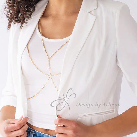 Gold Body Chain, Metal Bralette, Layered Harness, Body Jewelry, Layered Chain
