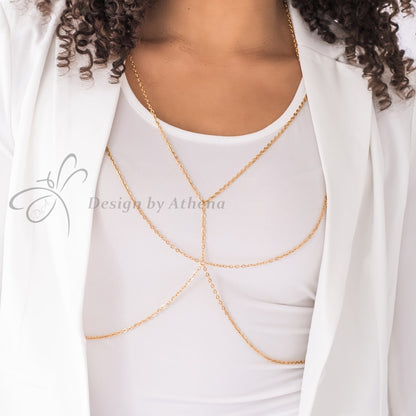 Gold Body Chain, Metal Bralette, Layered Harness, Body Jewelry, Layered Chain