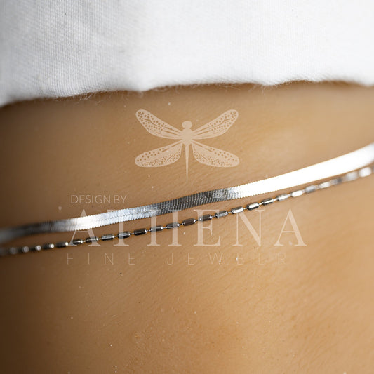 Layering Herringbone Anklet | Sterling Silver with Platinum Plating | Adjustable Fit | Timeless & Modern Jewelry