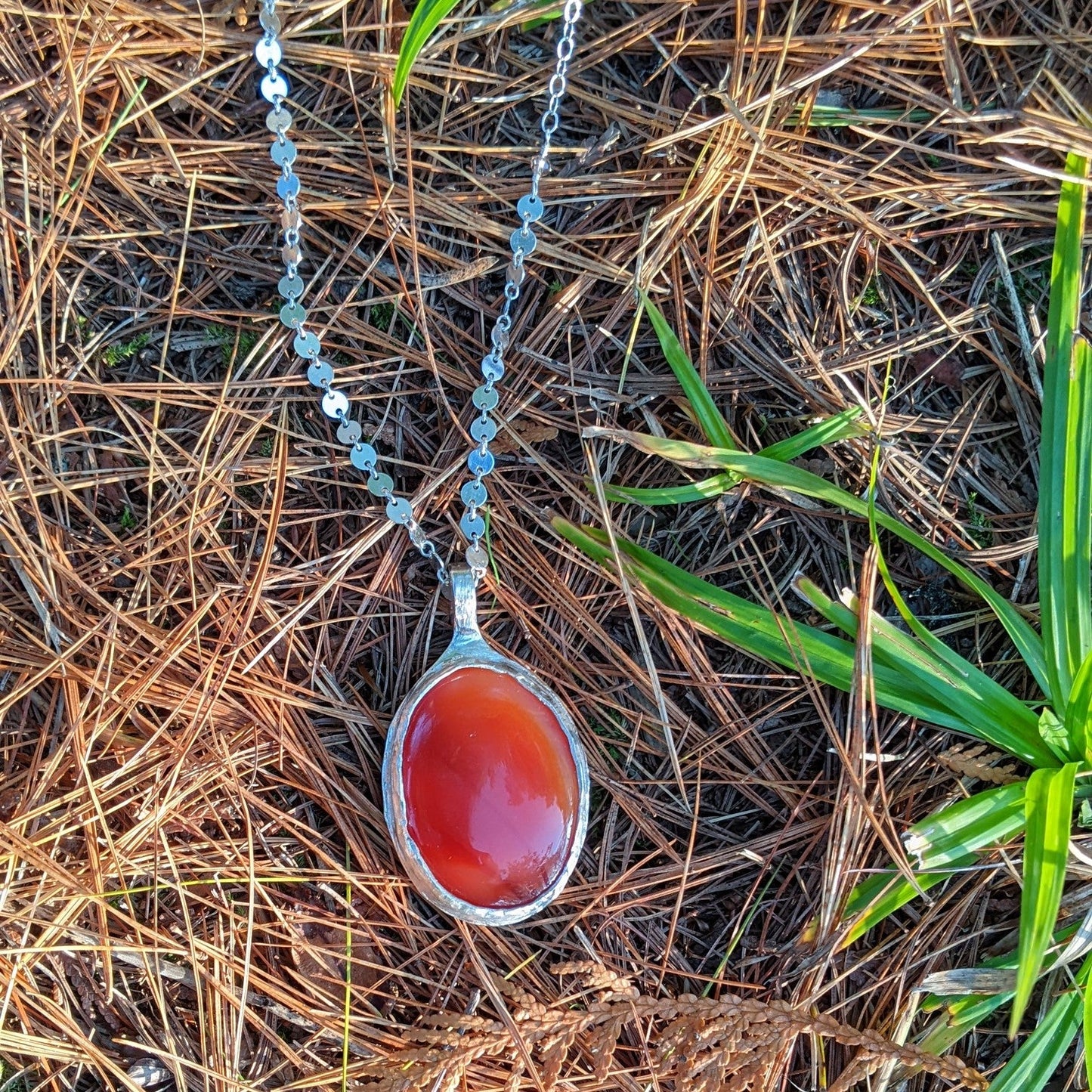 Carnelian Necklace in Sterling Silver | Large OOAK Statement Pendant | 16–18” Adjustable Chain | Echoes of the Lake Collection