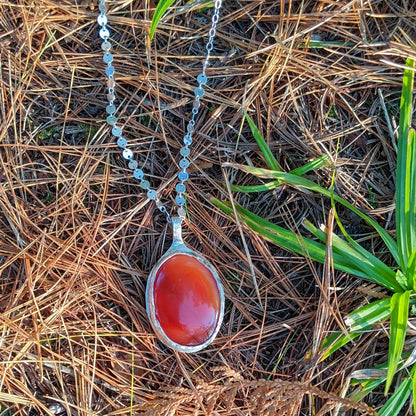 Carnelian Necklace in Sterling Silver | Large OOAK Statement Pendant | 16–18” Adjustable Chain | Echoes of the Lake Collection