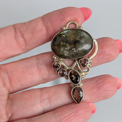 Labradorite & Smoky Quartz Pendant — One-of-a-Kind Sterling Silver Statement