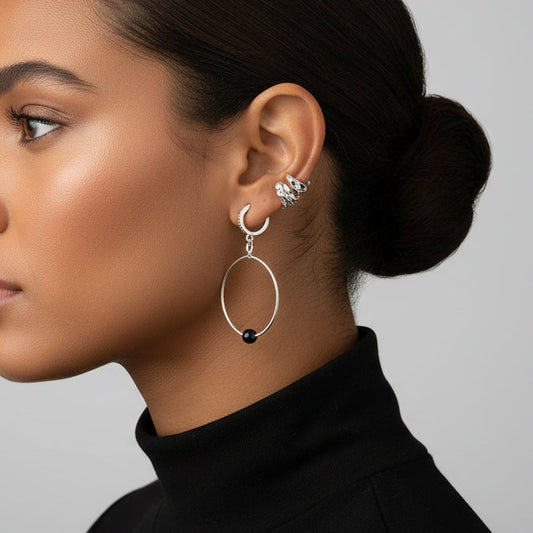 Night Current Hoops | Sterling silver hoop earrings with black spinel • The Night Sea Collection