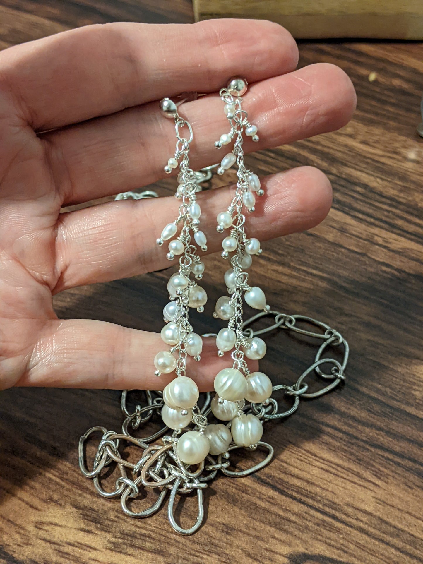 Long Strand of Pearls: Statement Earrings in Sterling Silver