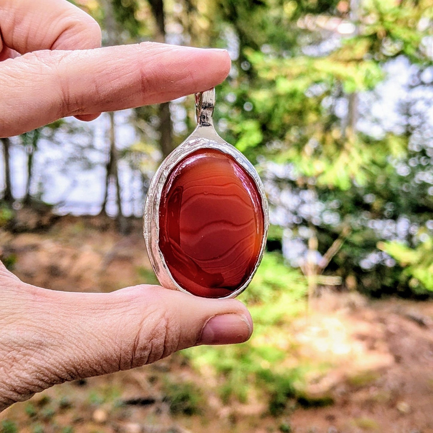 Carnelian Necklace in Sterling Silver | Large OOAK Statement Pendant | 16–18” Adjustable Chain | Echoes of the Lake Collection