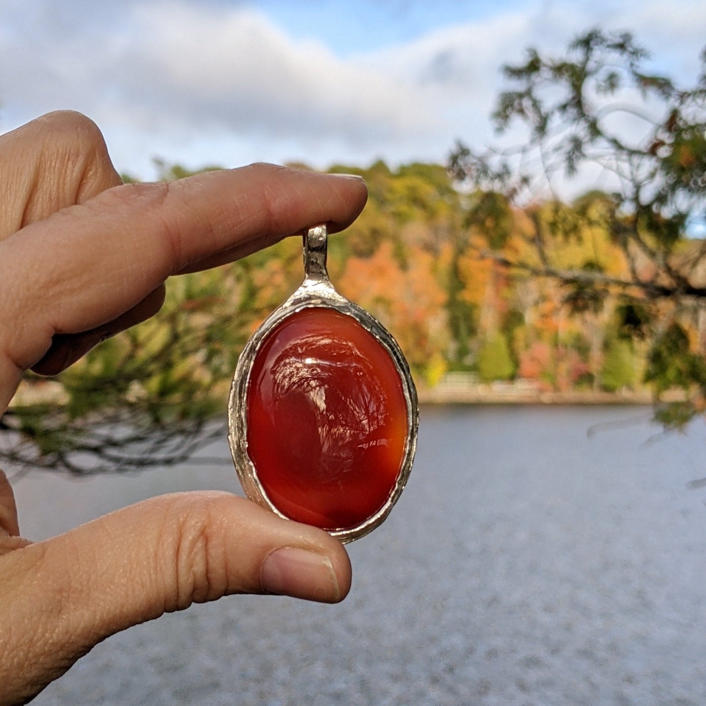 Carnelian Necklace in Sterling Silver | Large OOAK Statement Pendant | 16–18” Adjustable Chain | Echoes of the Lake Collection