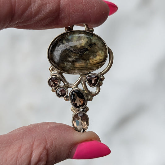 Labradorite & Smoky Quartz Pendant — One-of-a-Kind Sterling Silver Statement