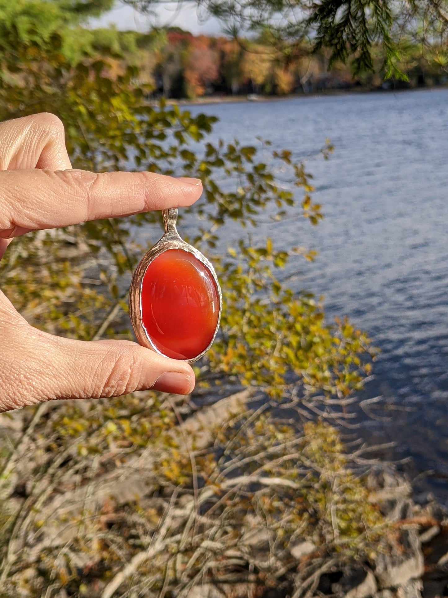 Carnelian Necklace in Sterling Silver | Large OOAK Statement Pendant | 16–18” Adjustable Chain | Echoes of the Lake Collection